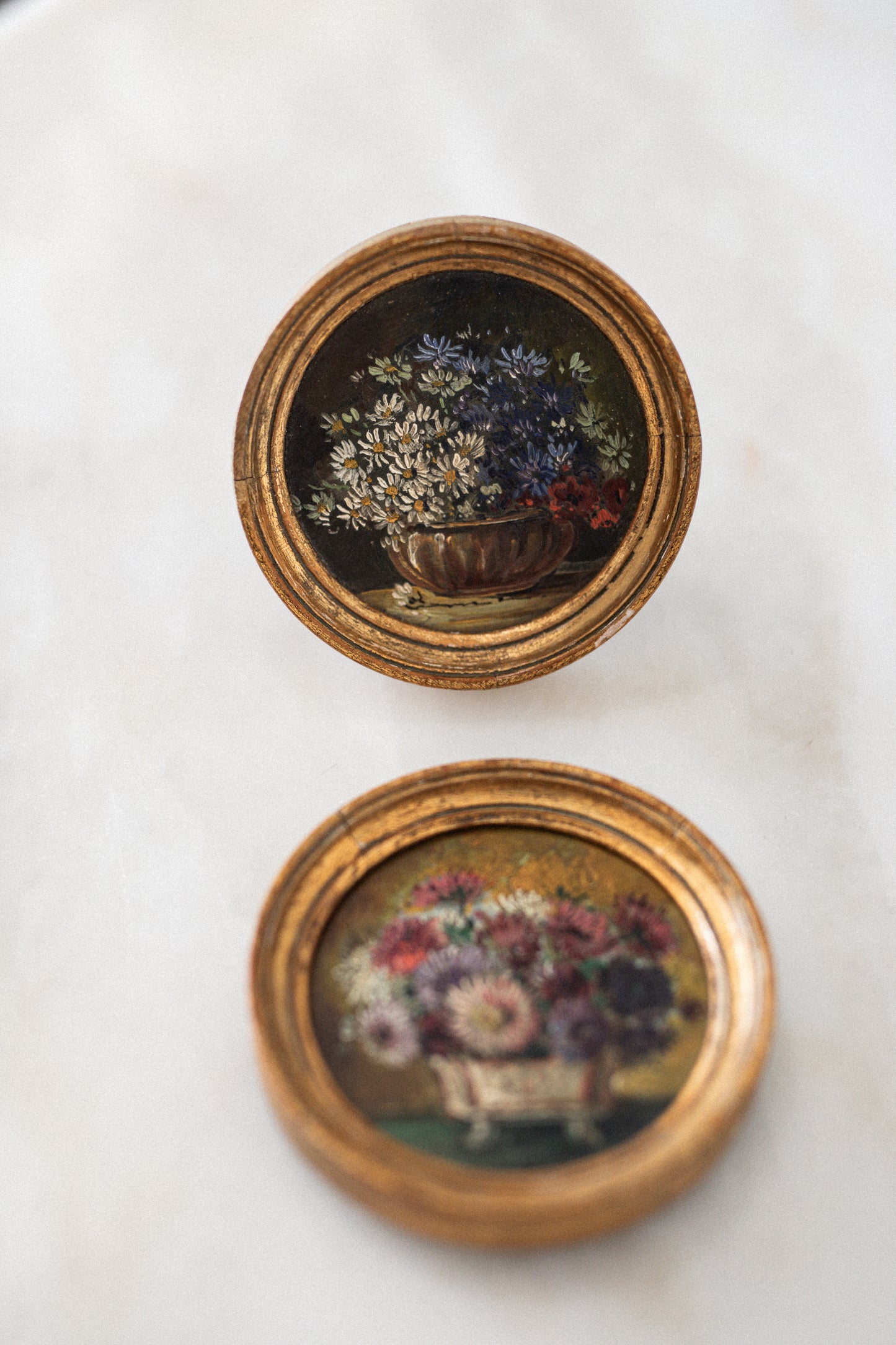 Exquisite Pair of Antique Petite French Artworks in Gilt Frames