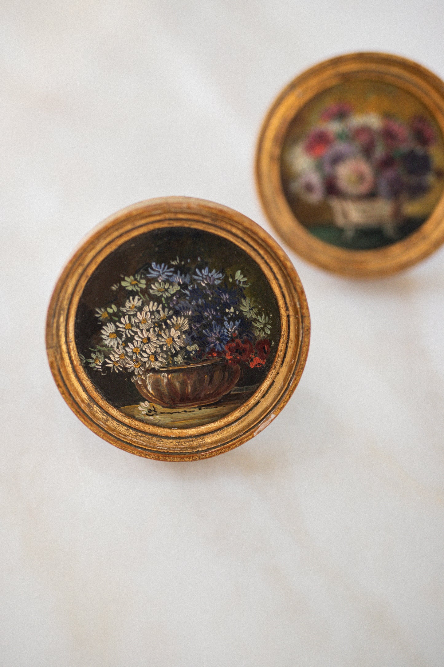 Exquisite Pair of Antique Petite French Artworks in Gilt Frames