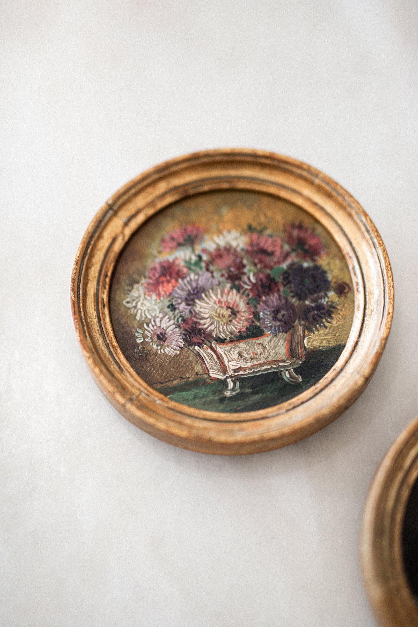 Exquisite Pair of Antique Petite French Artworks in Gilt Frames