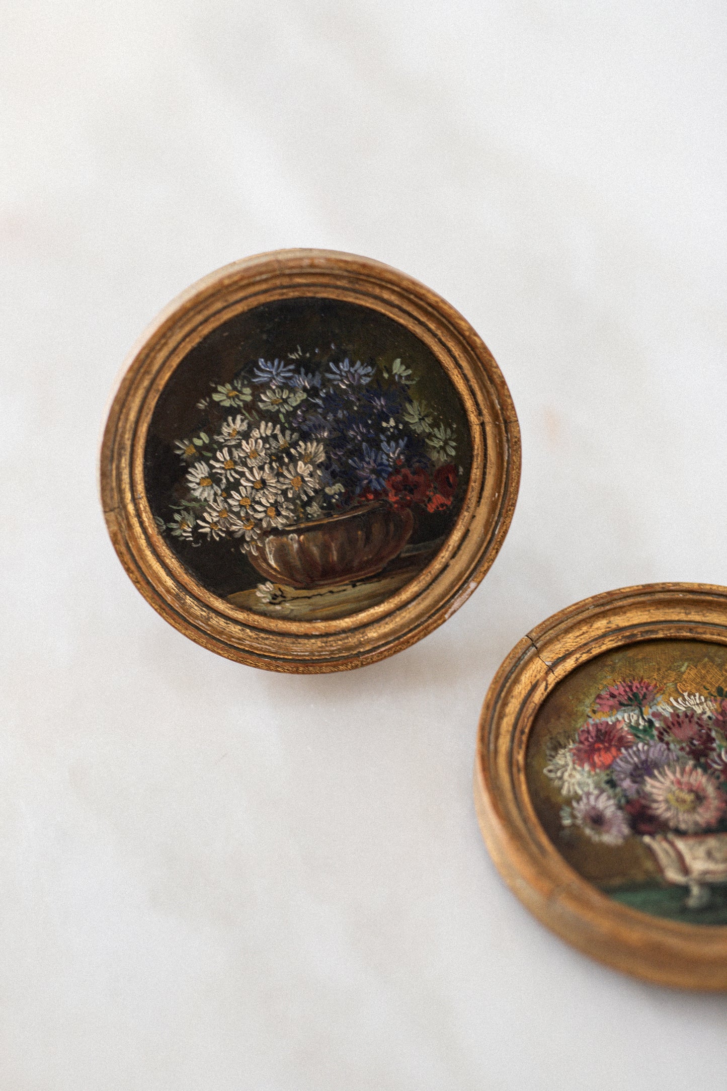 Exquisite Pair of Antique Petite French Artworks in Gilt Frames