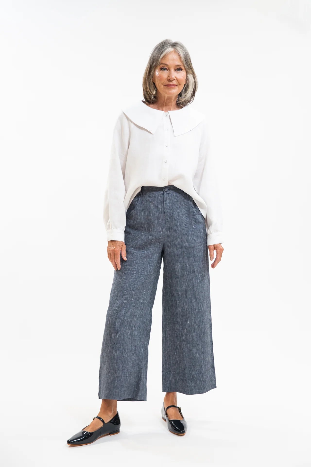 The Bowie Pant in Navy Pinstripe