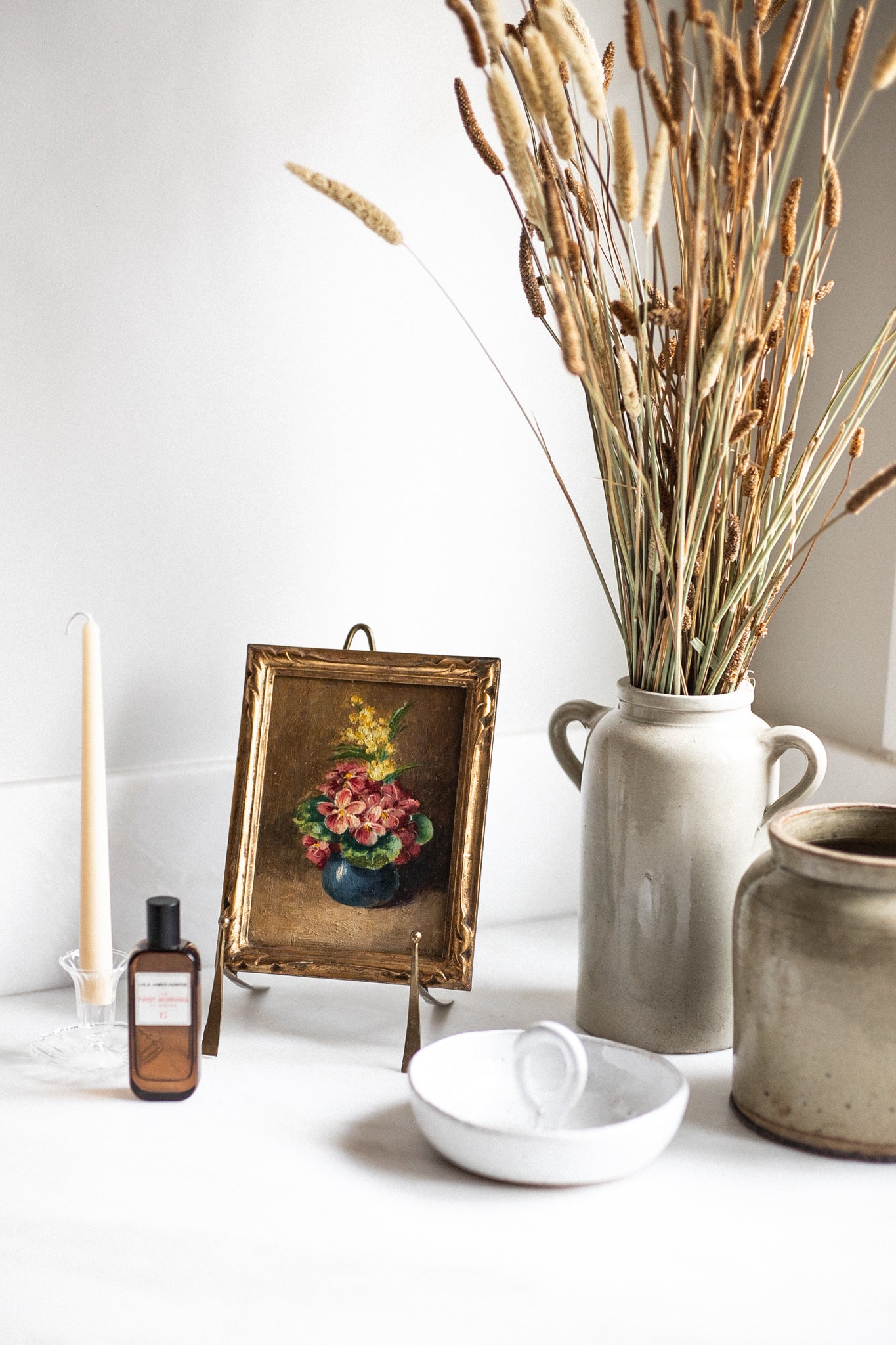 French Antique Oil Painting 'Florals in a Blue Pot'