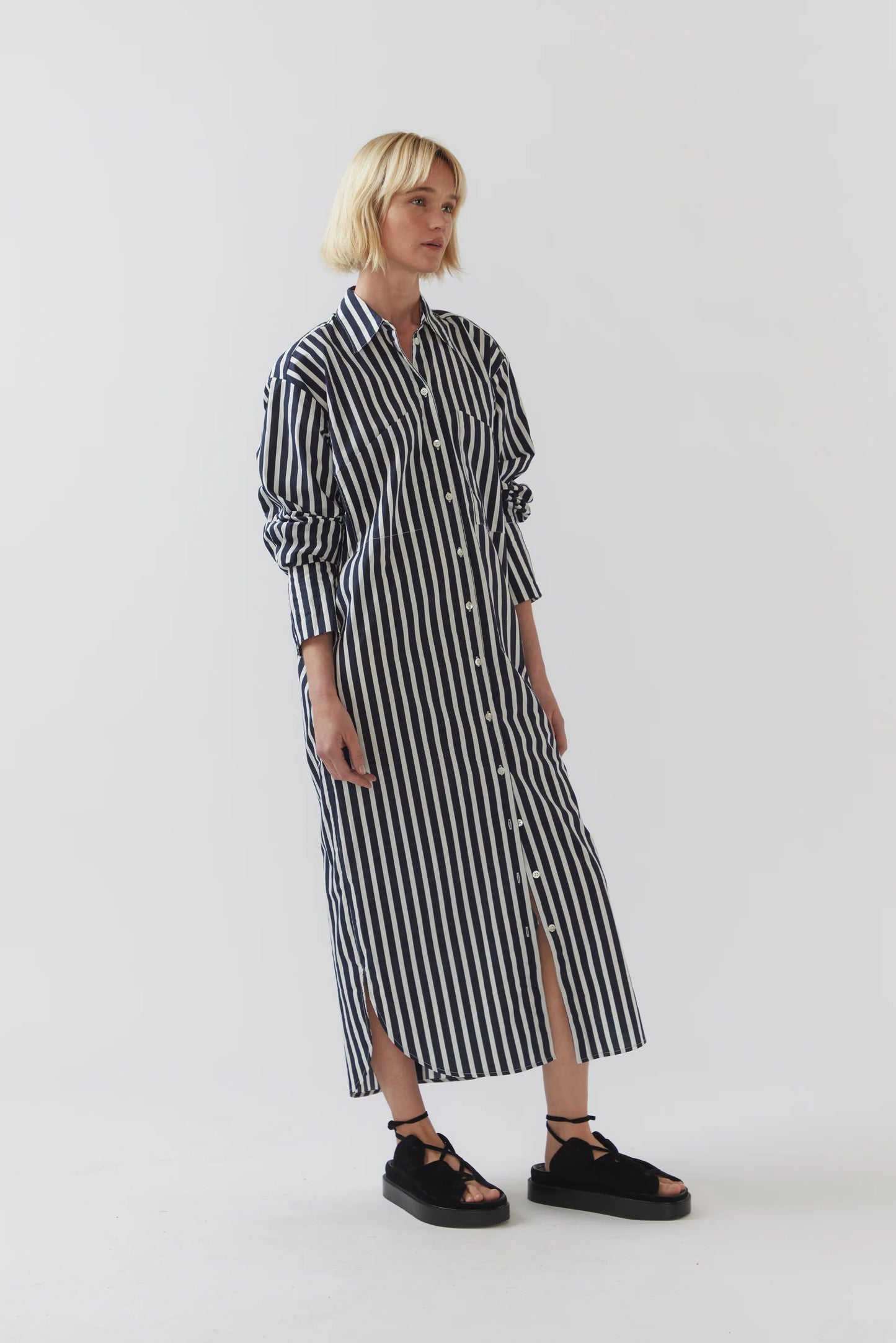 The Demi Dress in Navy Stripe Poplin