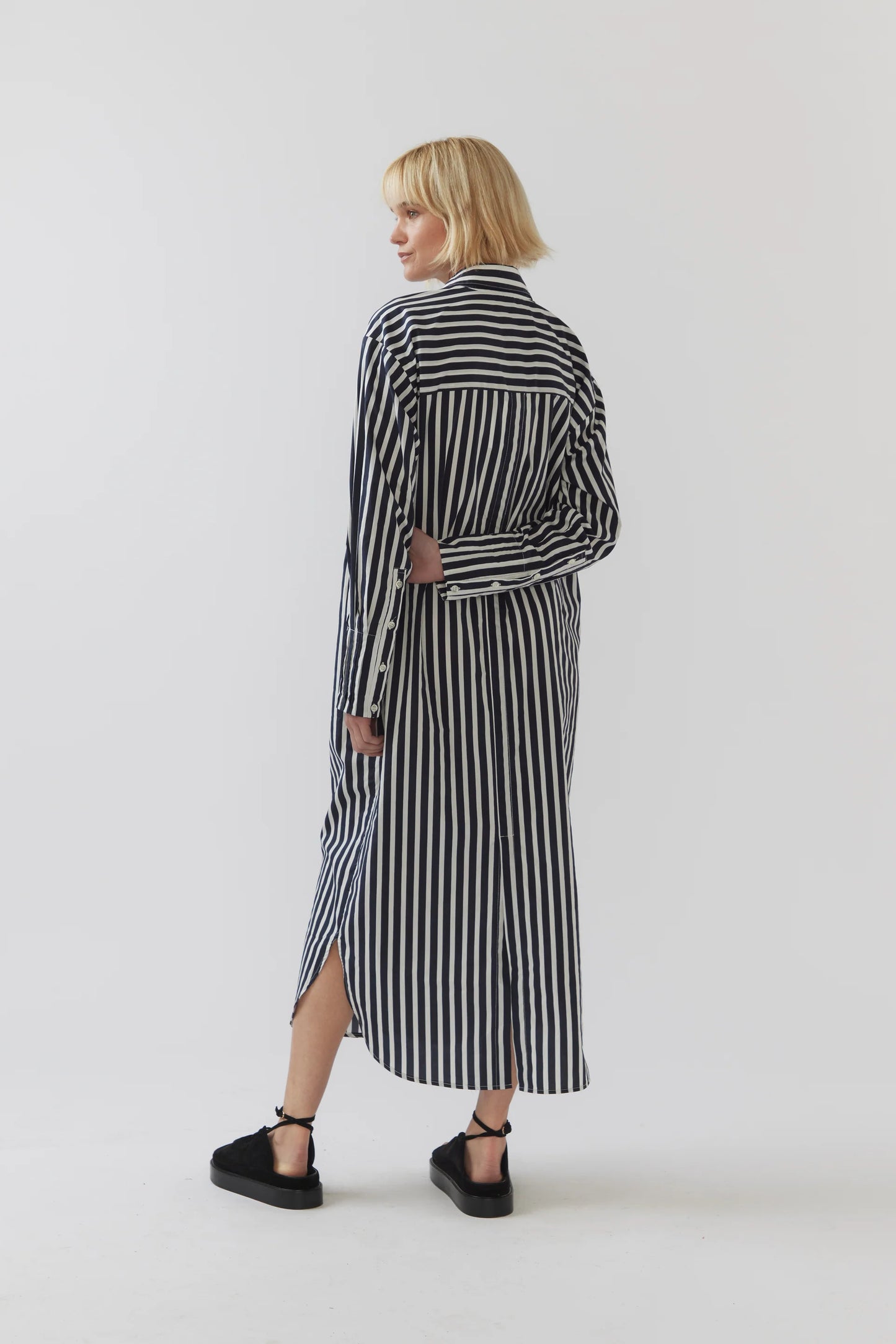 The Demi Dress in Navy Stripe Poplin