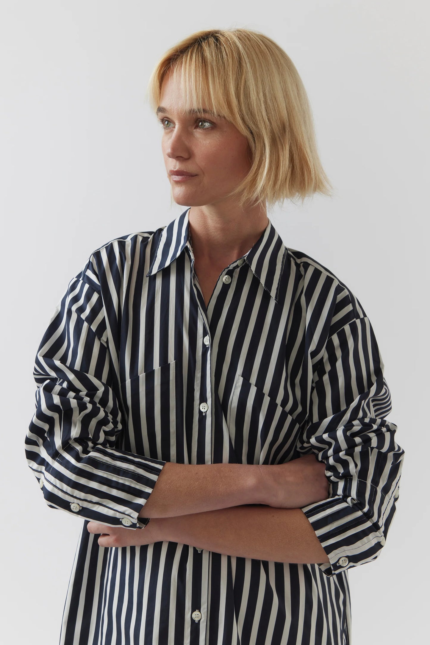 The Demi Dress in Navy Stripe Poplin