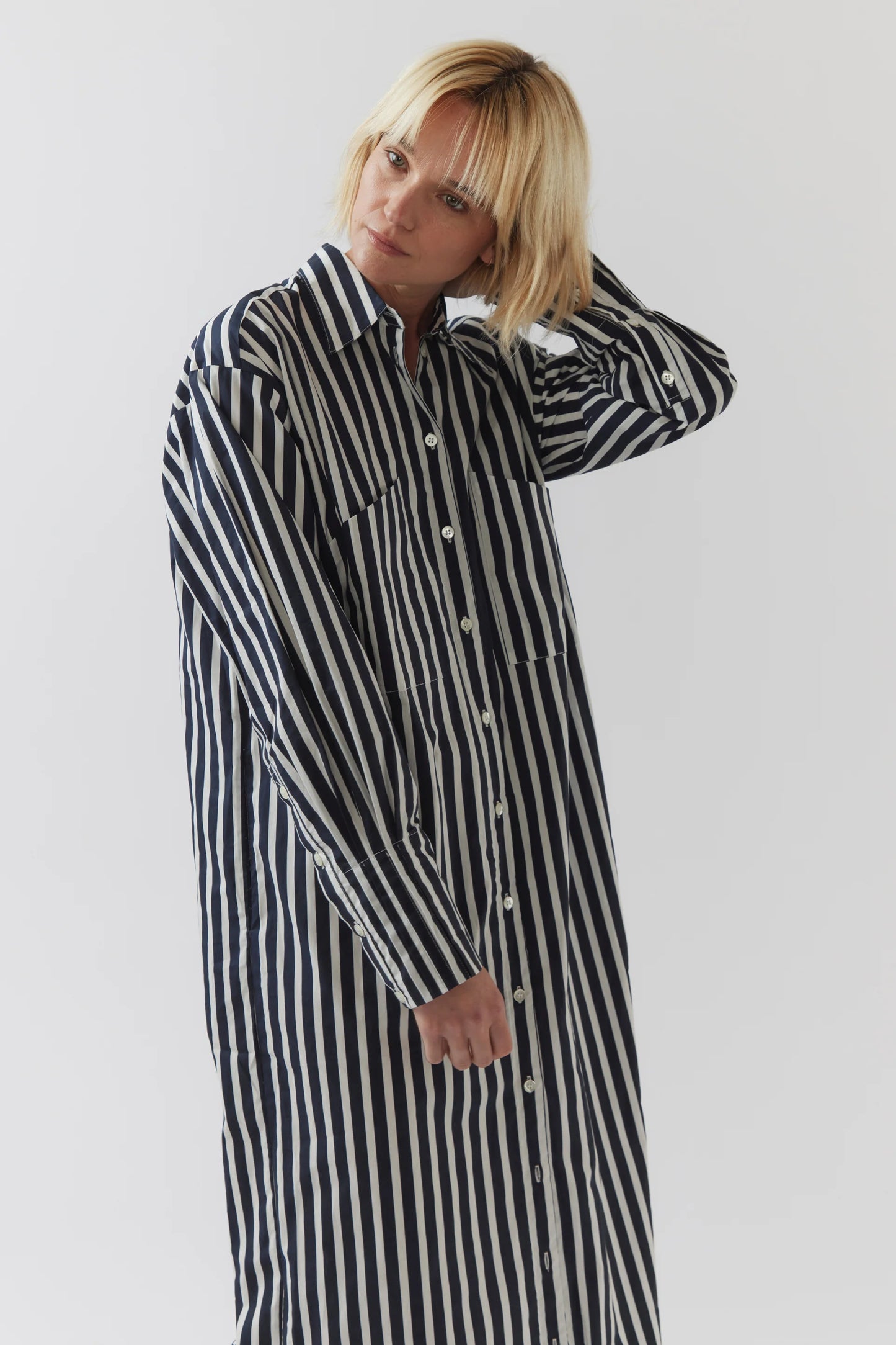 The Demi Dress in Navy Stripe Poplin
