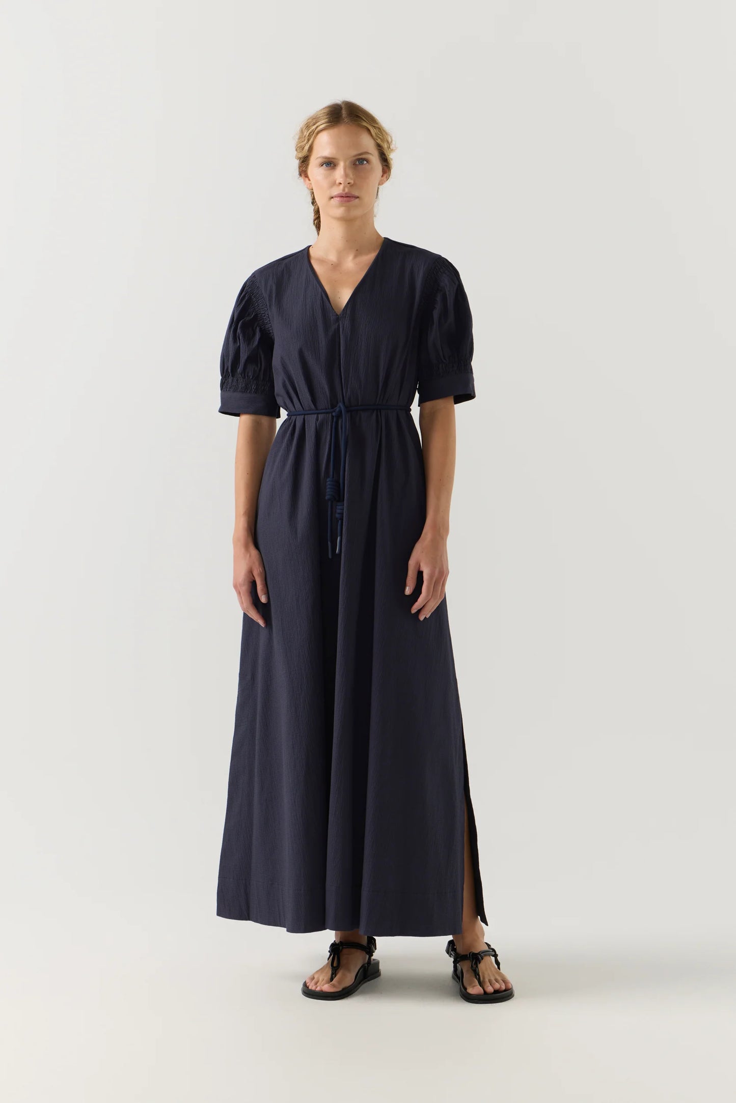 Scottie Dress in Navy Seersucker