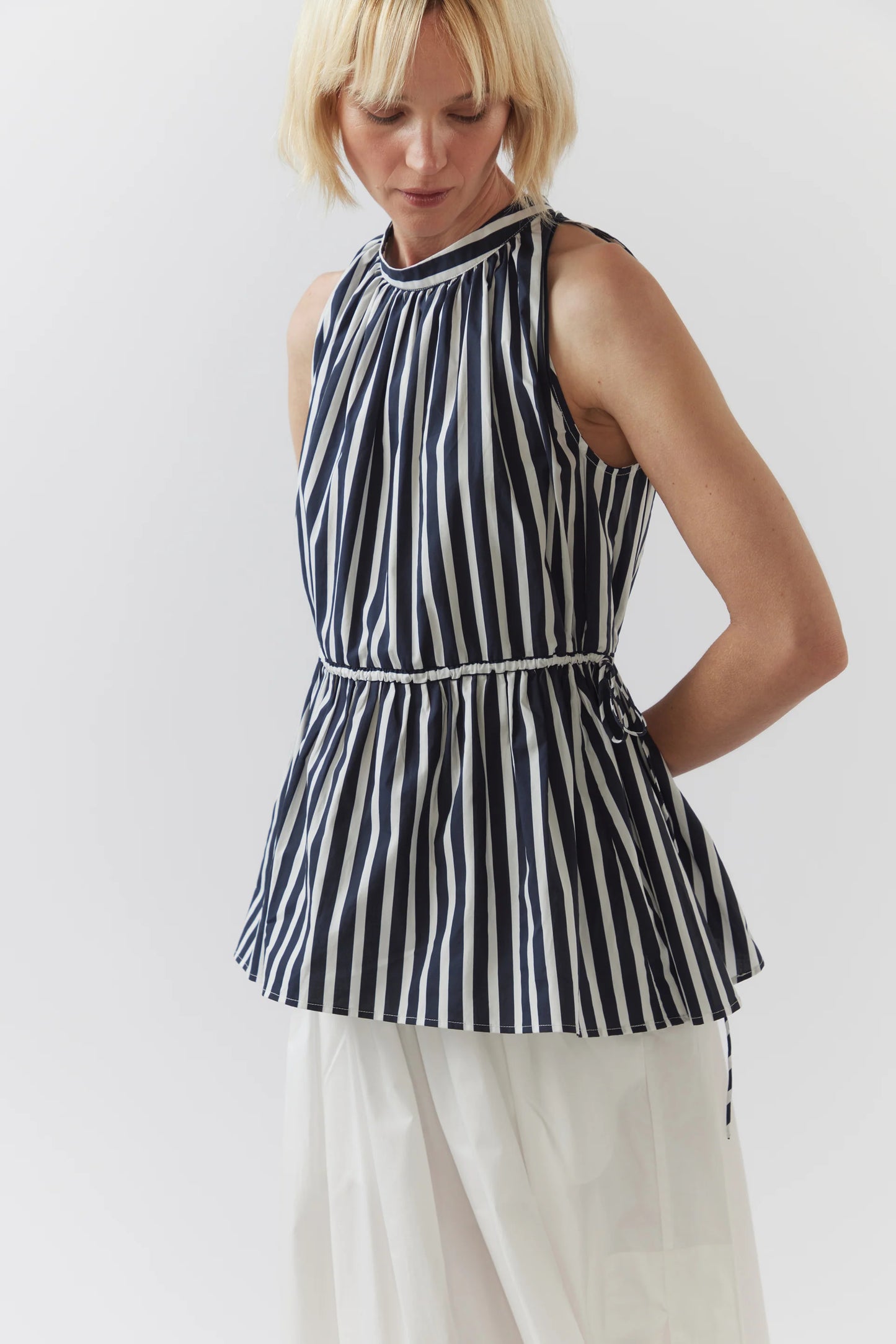 The Kendall Top in Navy Stripe Poplin