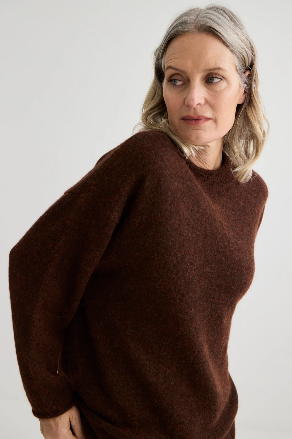 Alpaca Sweater with Scarf Tie in Mahogany Marle