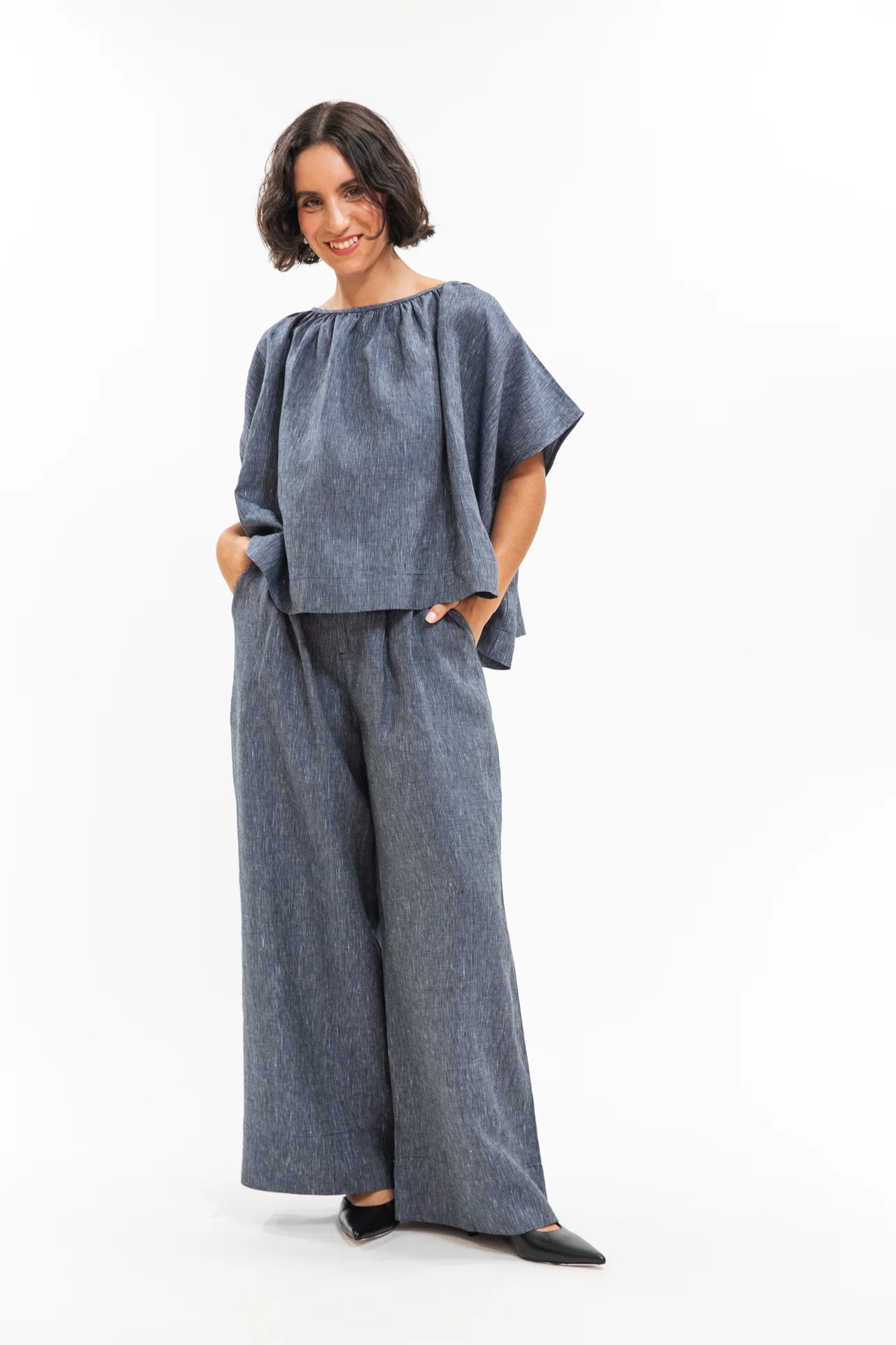 Poppy Top in Navy Pinstripe