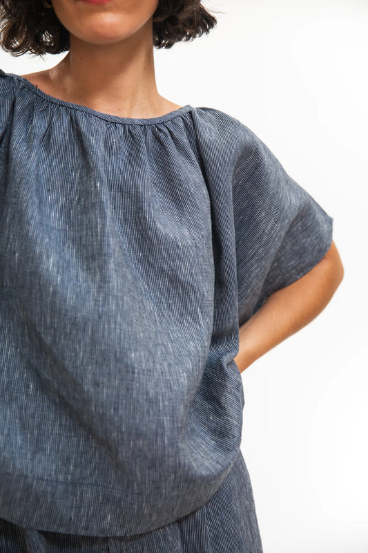 Poppy Top in Navy Pinstripe