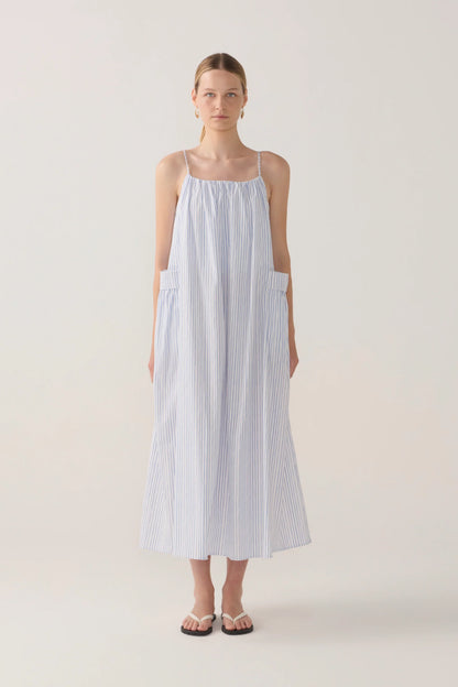 Delphine Dress | Blue Double Stripe Poplin