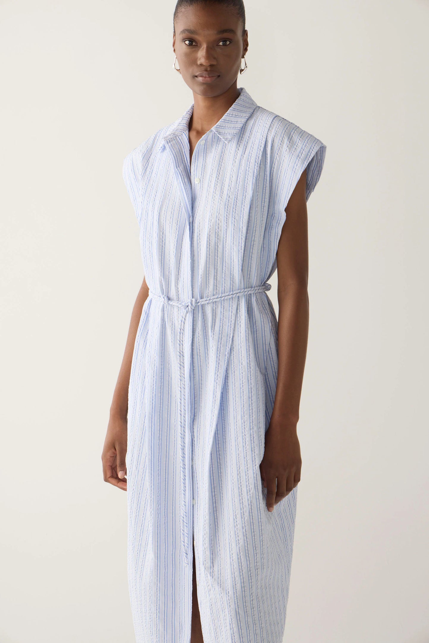 Mona Dress in Blue Strip Seersucker
