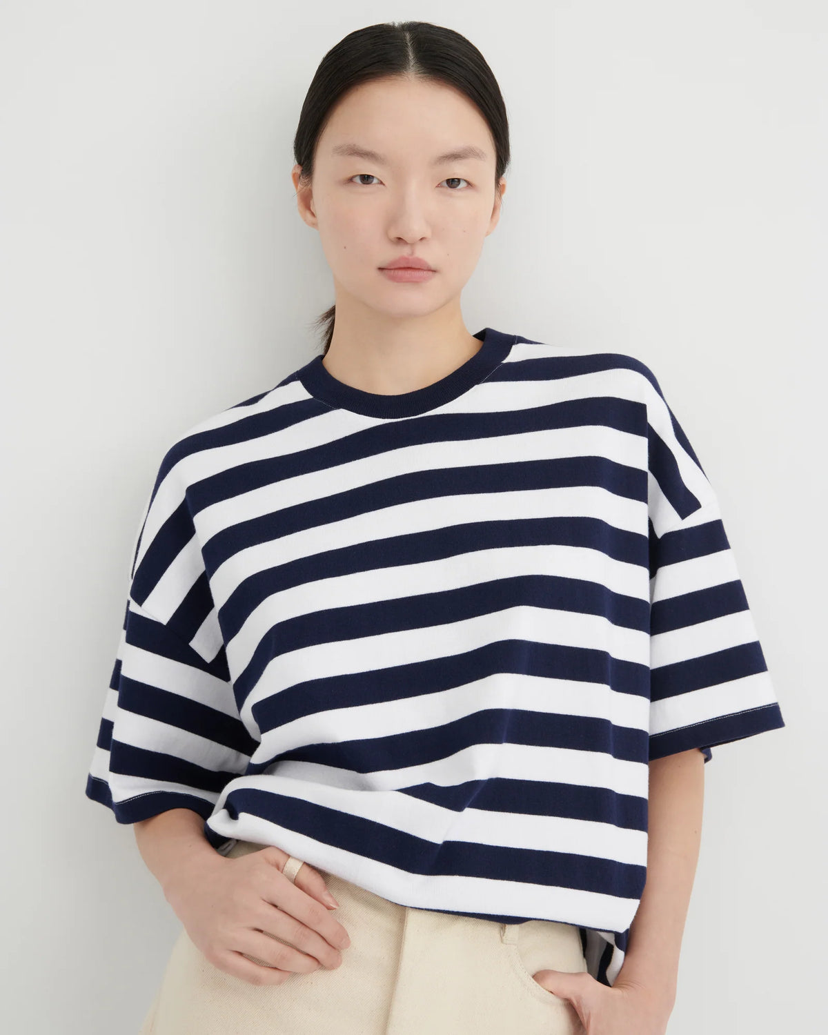 Oversized Boxy Tee | White & Navy Stripe