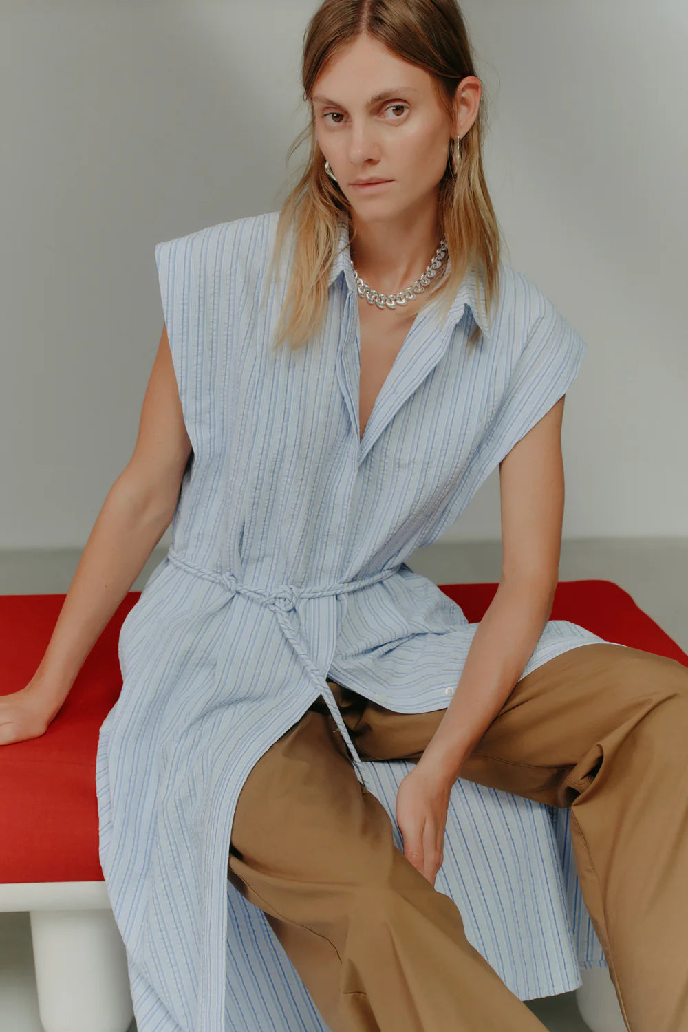 Mona Dress in Blue Strip Seersucker