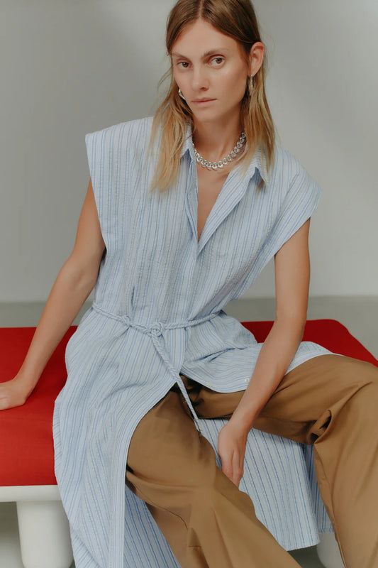 Mona Dress in Blue Strip Seersucker