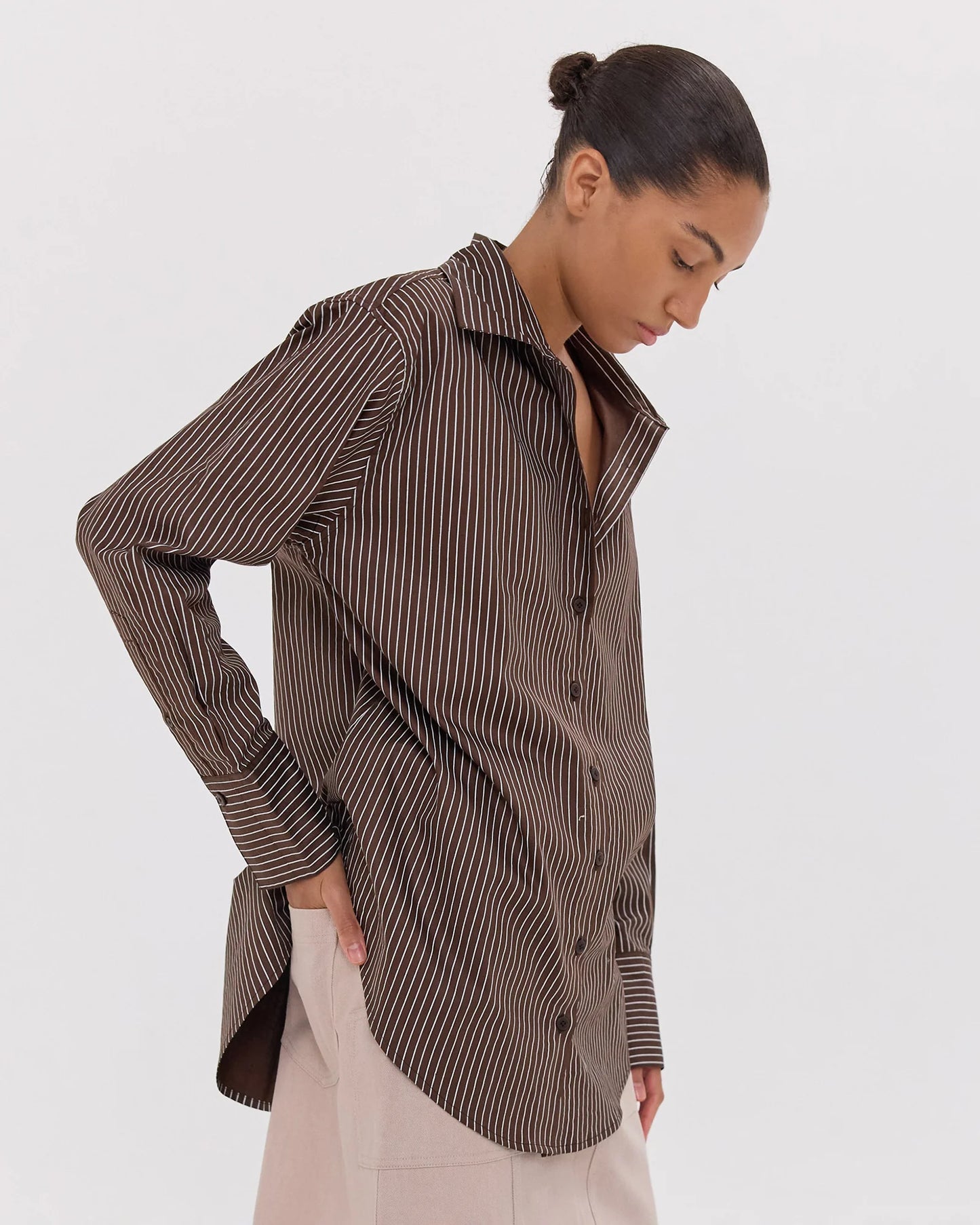 The Dropped Yoke Shirt in Brazil Nut & White