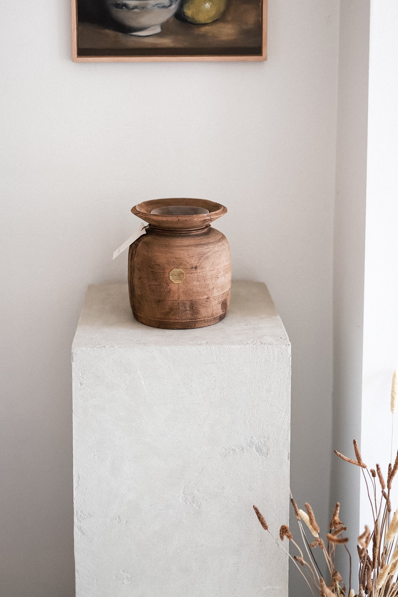 Vintage Wooden Pot w/ Glass Vase