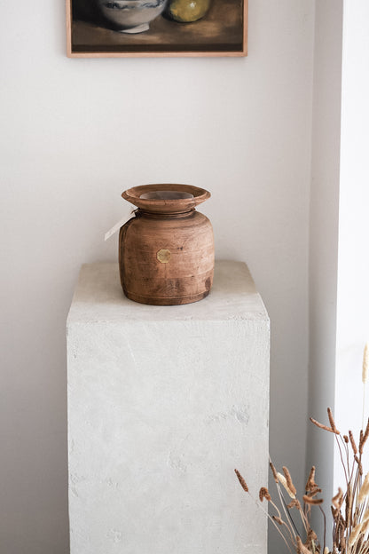 Vintage Wooden Pot w/ Glass Vase