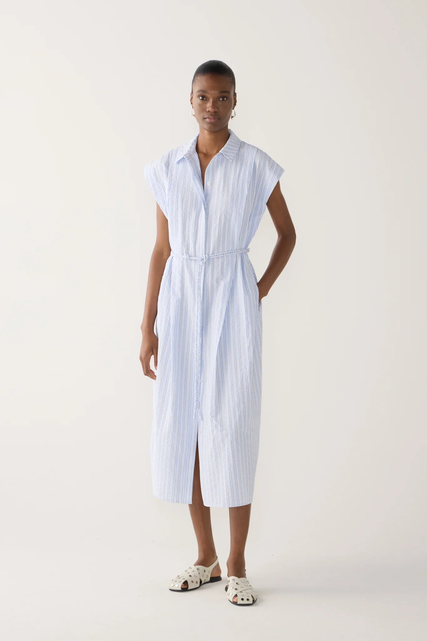 Mona Dress in Blue Strip Seersucker