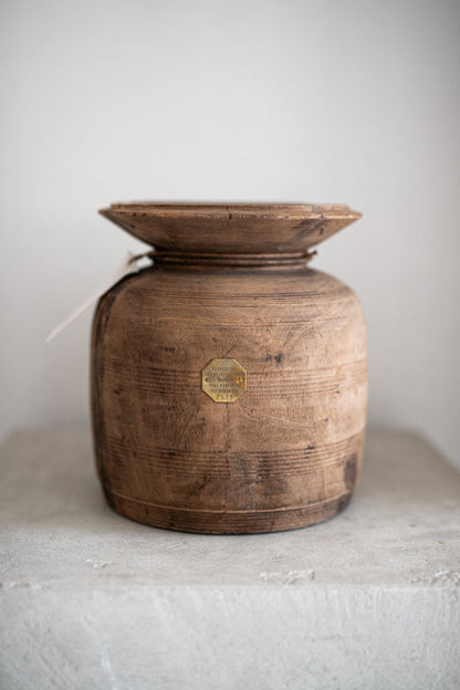 Vintage Wooden Pot w/ Glass Vase