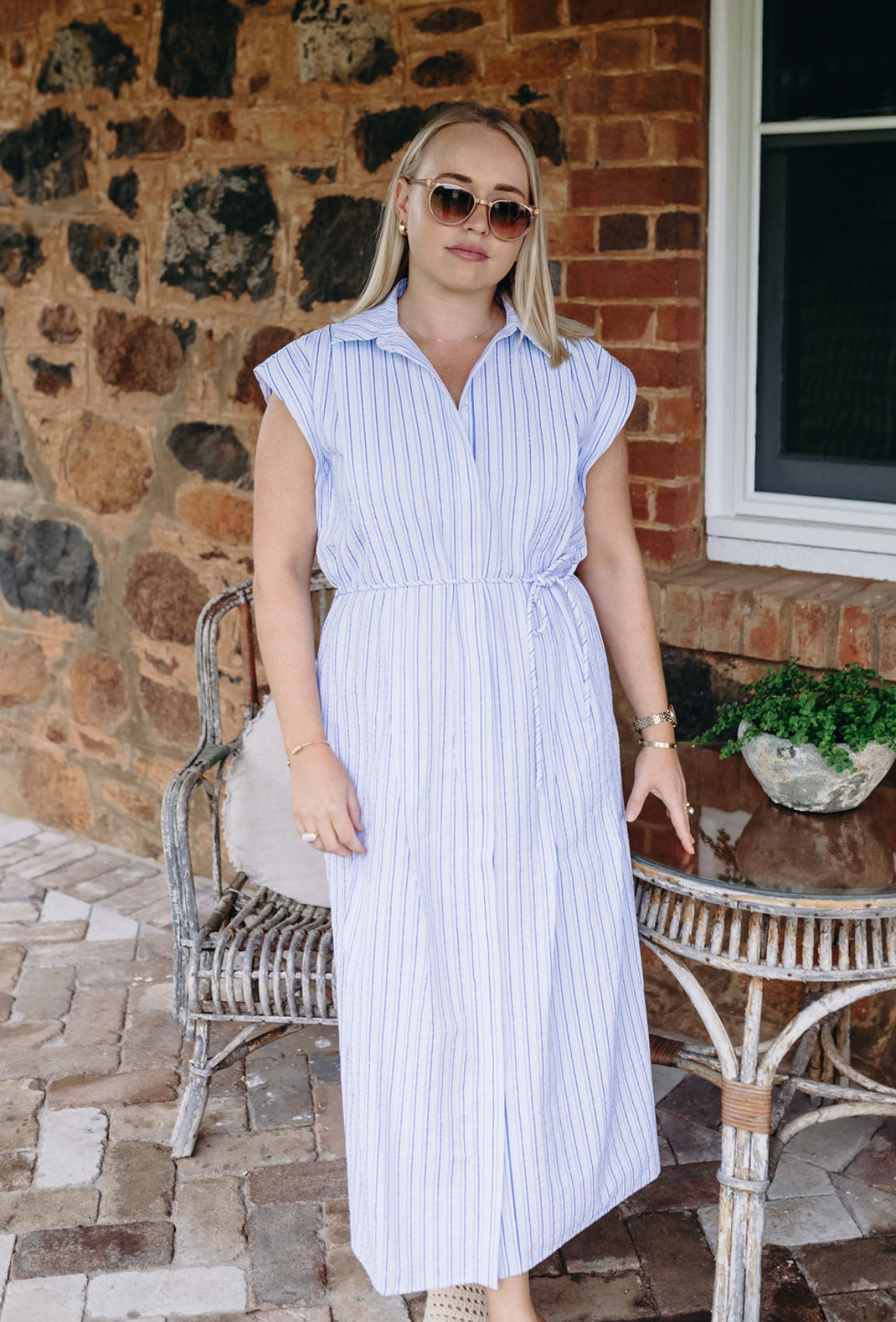 Mona Dress in Blue Strip Seersucker
