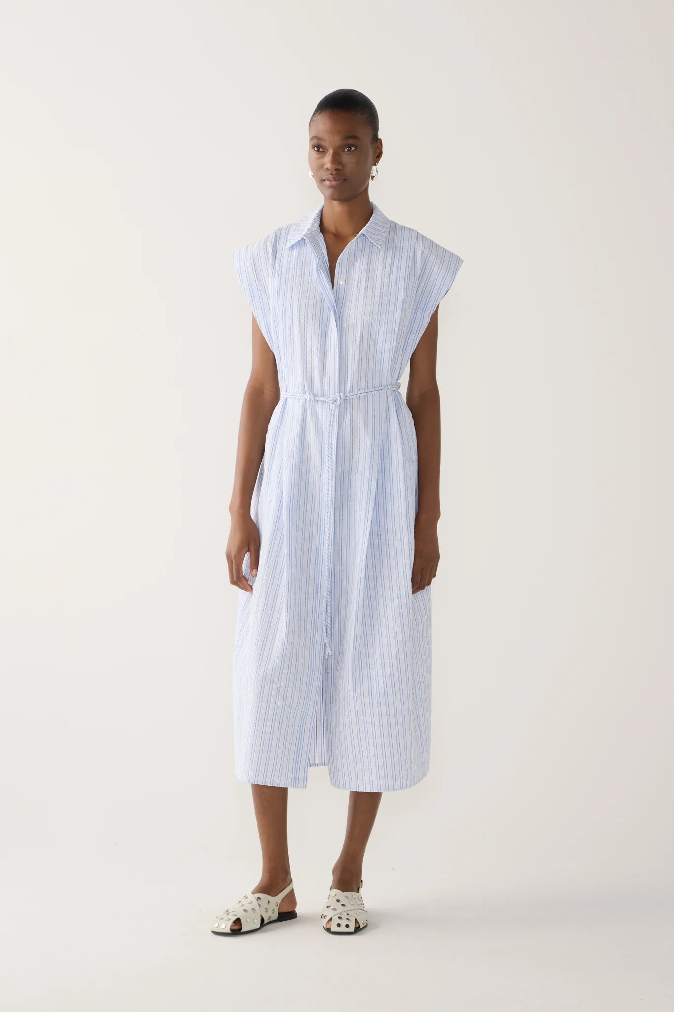 Mona Dress in Blue Strip Seersucker