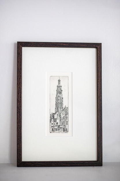 An Original Etching of a Dutch Tower in Dark Oak | N.2