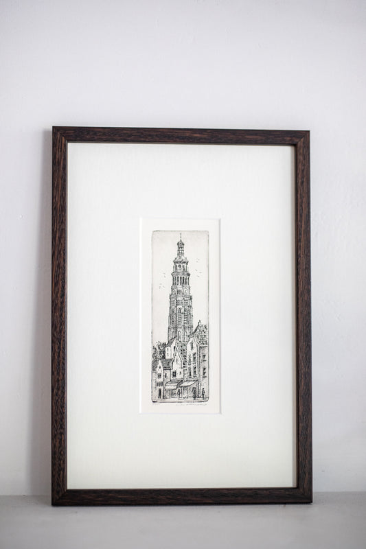 An Original Etching of a Dutch Tower in Dark Oak | N.2