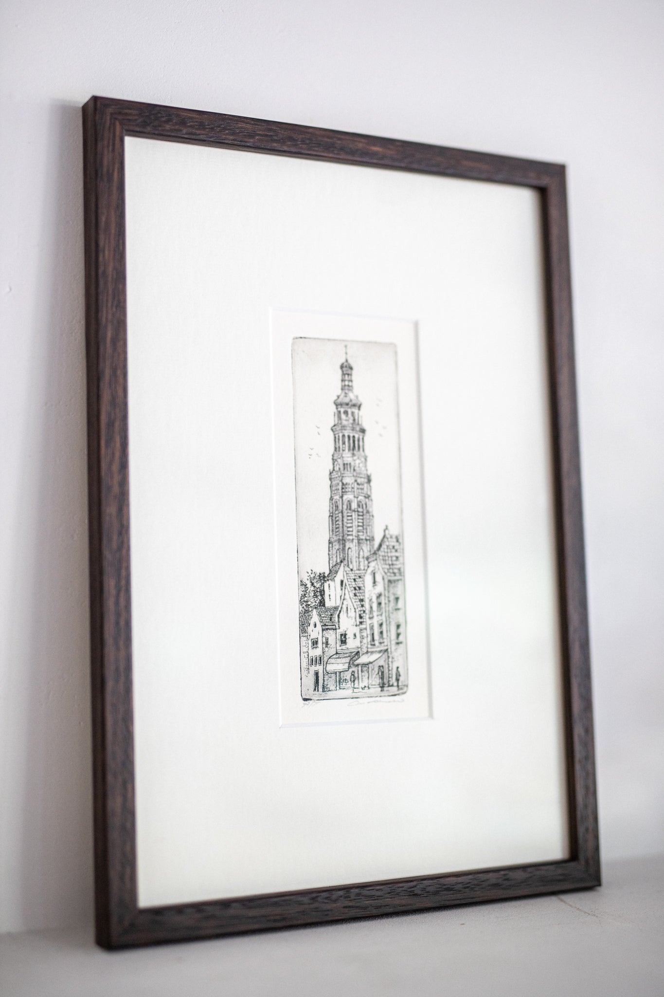An Original Etching of a Dutch Tower in Dark Oak | N.2