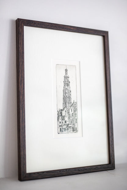 An Original Etching of a Dutch Tower in Dark Oak | N.2