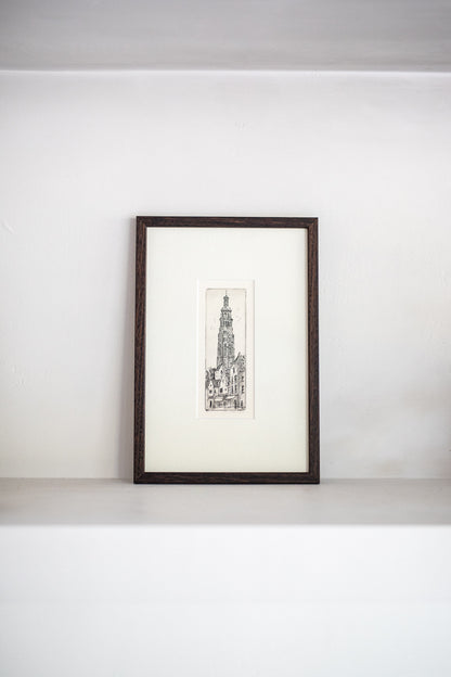 An Original Etching of a Dutch Tower in Dark Oak | N.2