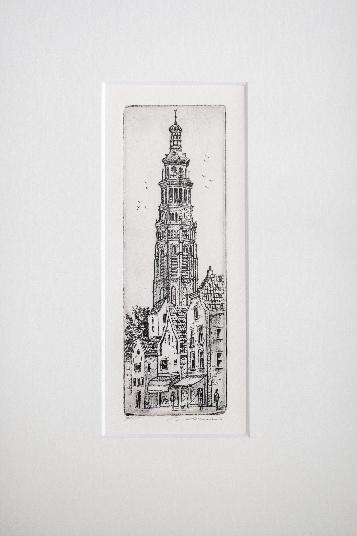 An Original Etching of a Dutch Tower in Dark Oak | N.2