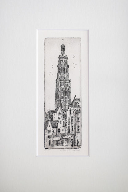 An Original Etching of a Dutch Tower in Dark Oak | N.2