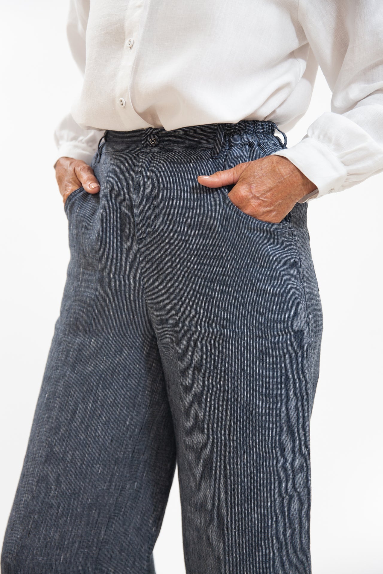 The Bowie Pant in Navy Pinstripe