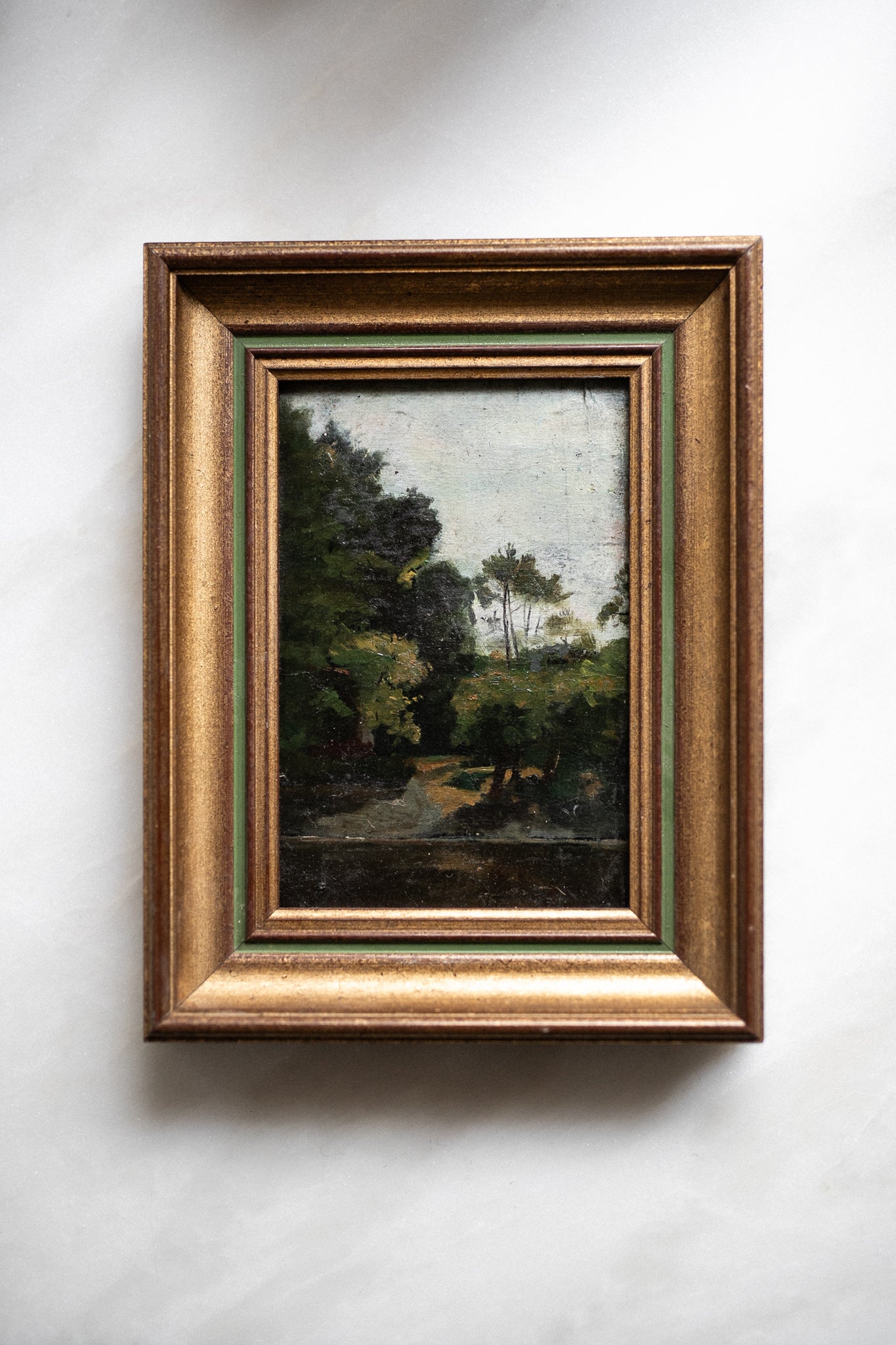 French Antique Oil Painting | Landscape in gold & green frame