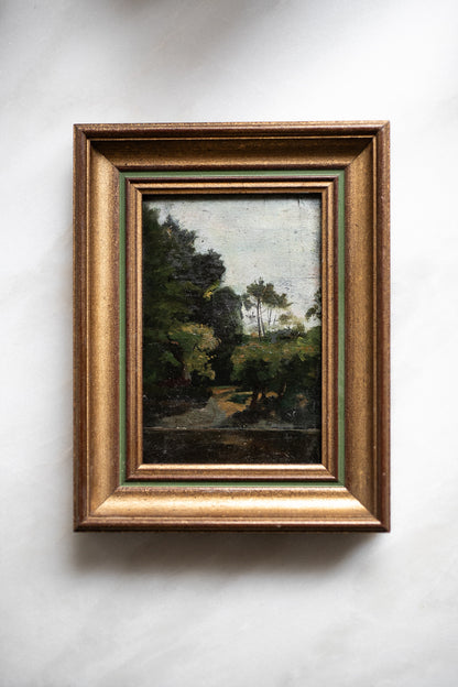 French Antique Oil Painting | Landscape in gold & green frame