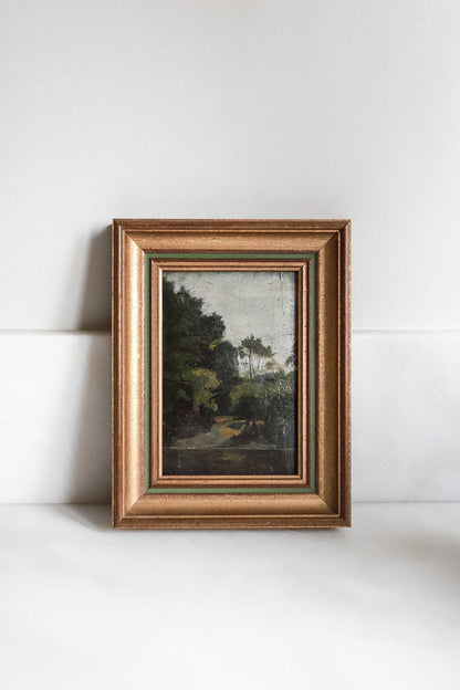 French Antique Oil Painting | Landscape in gold & green frame