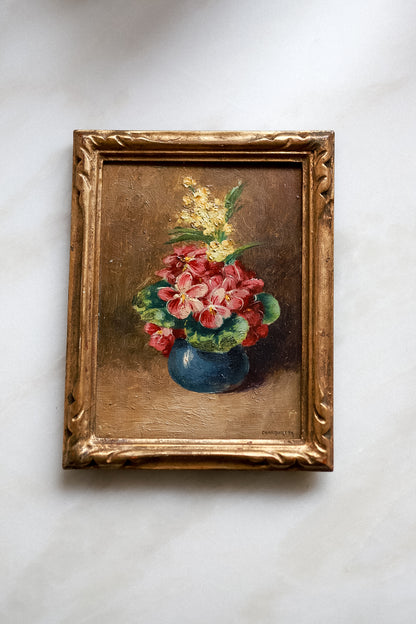 French Antique Oil Painting 'Florals in a Blue Pot'