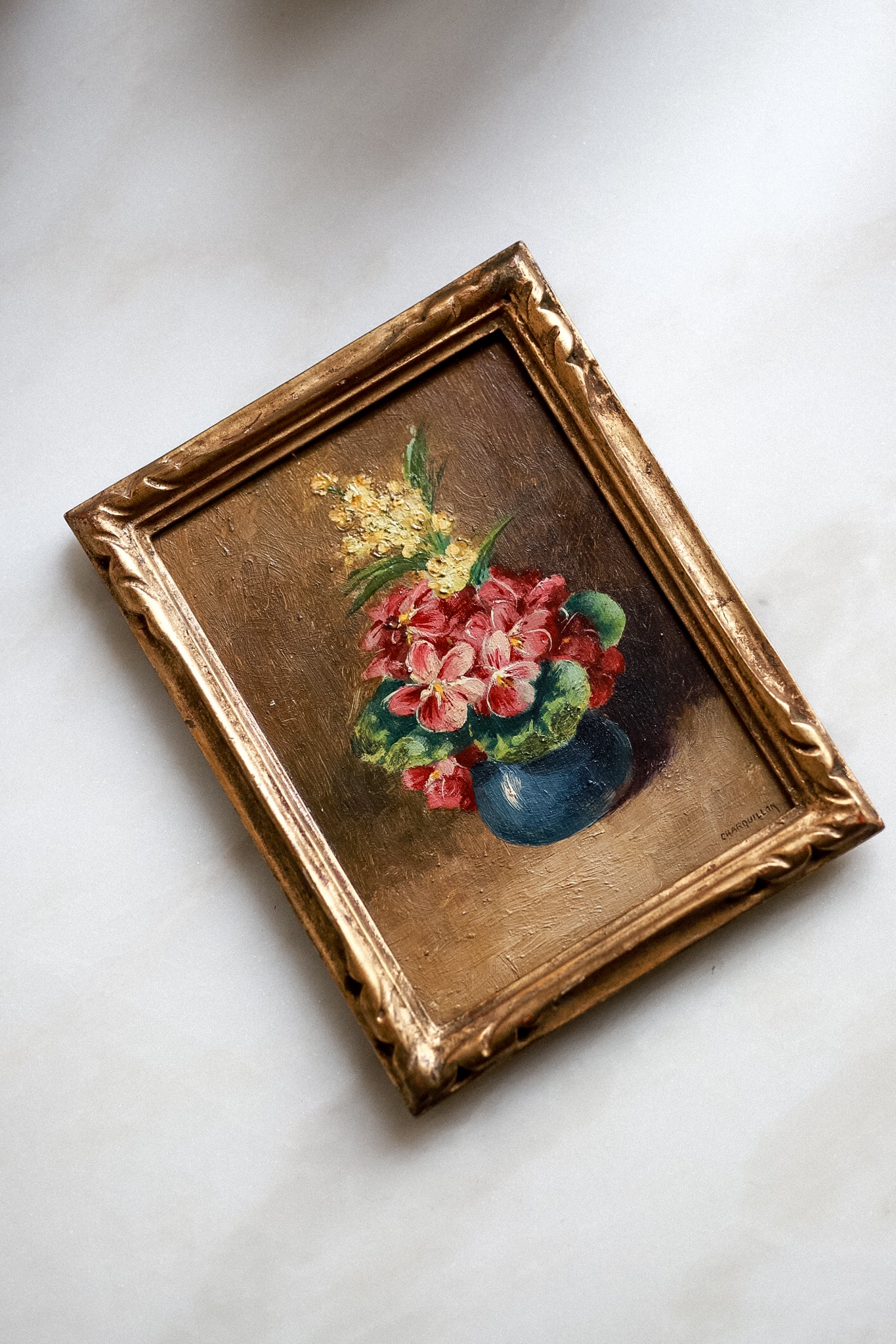French Antique Oil Painting 'Florals in a Blue Pot'