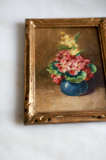 French Antique Oil Painting 'Florals in a Blue Pot'