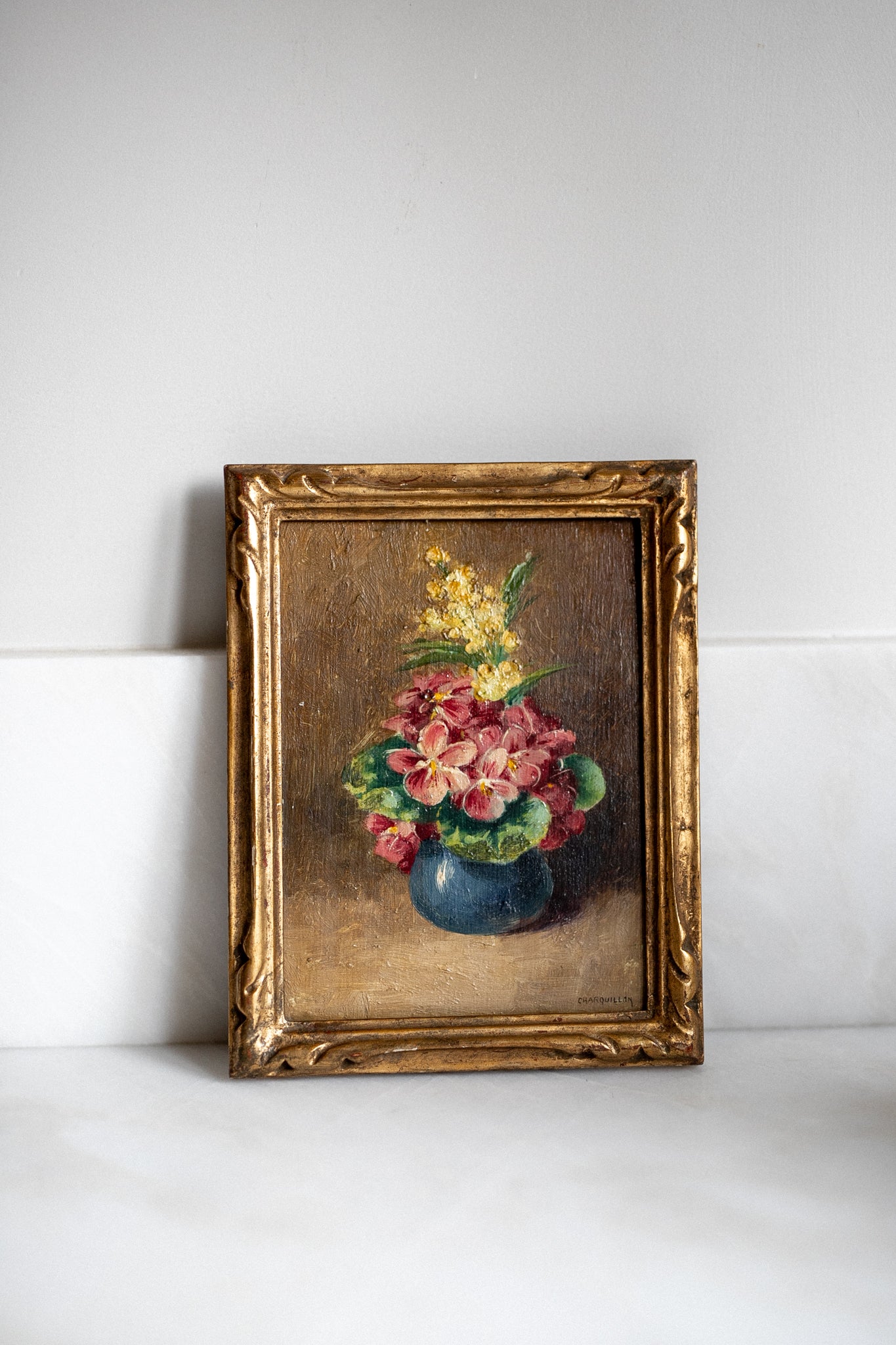 French Antique Oil Painting 'Florals in a Blue Pot'