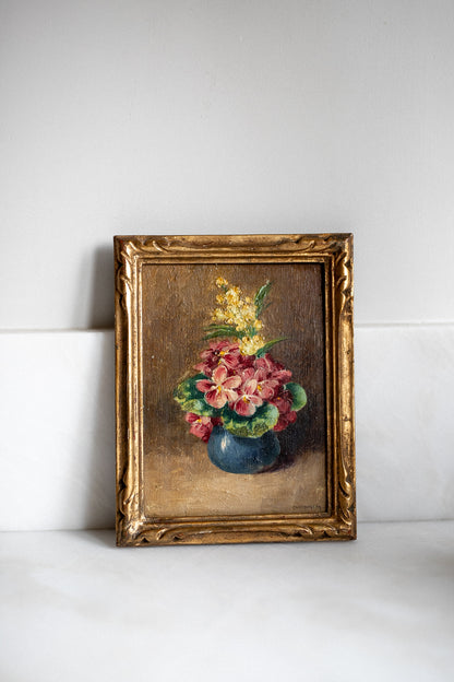French Antique Oil Painting 'Florals in a Blue Pot'