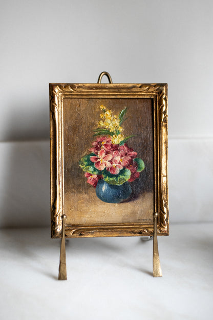 French Antique Oil Painting 'Florals in a Blue Pot'