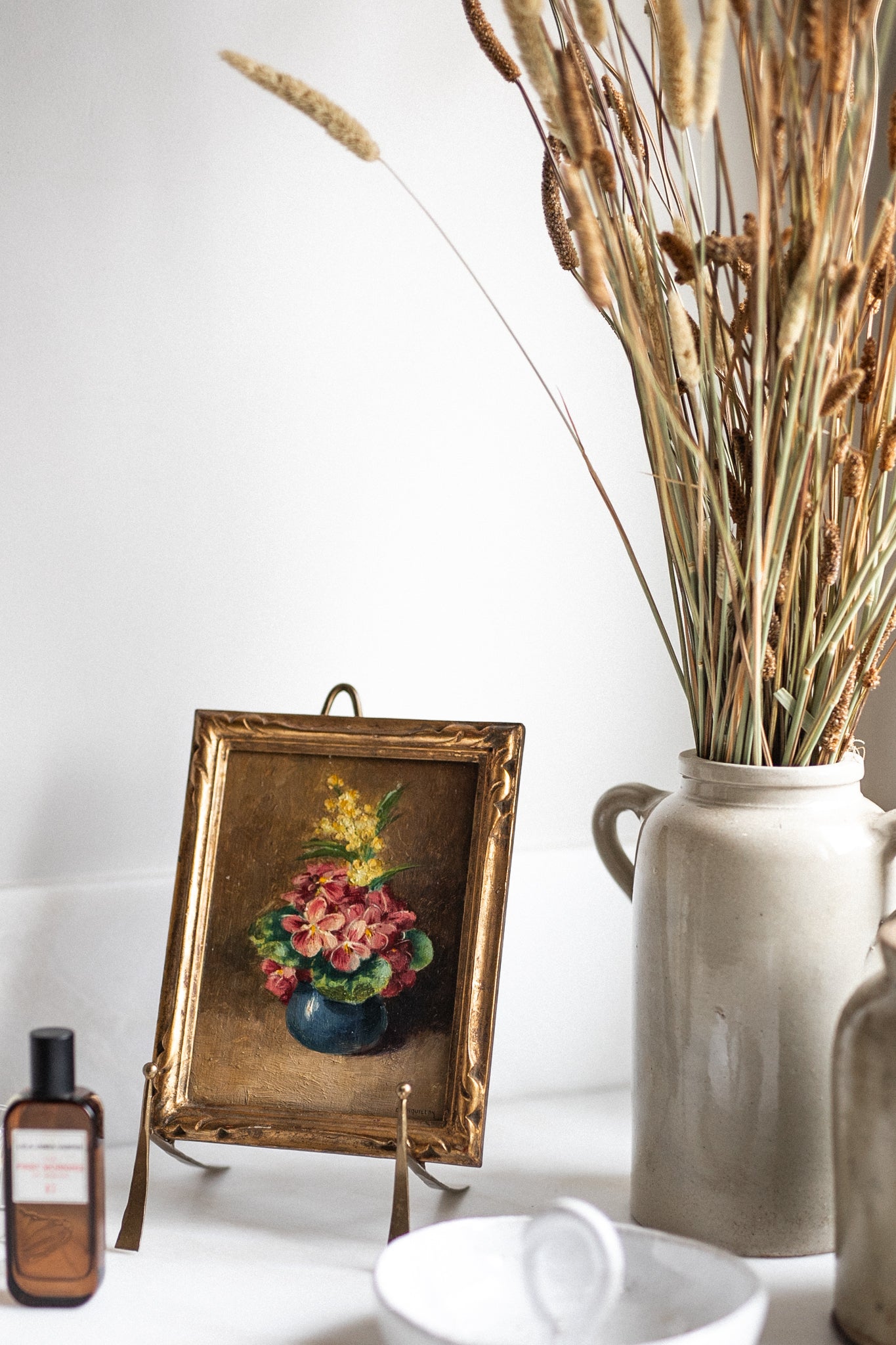 French Antique Oil Painting 'Florals in a Blue Pot'