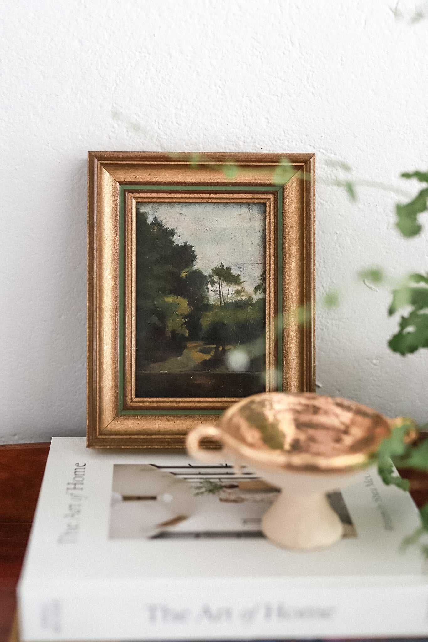 French Antique Oil Painting | Landscape in gold & green frame