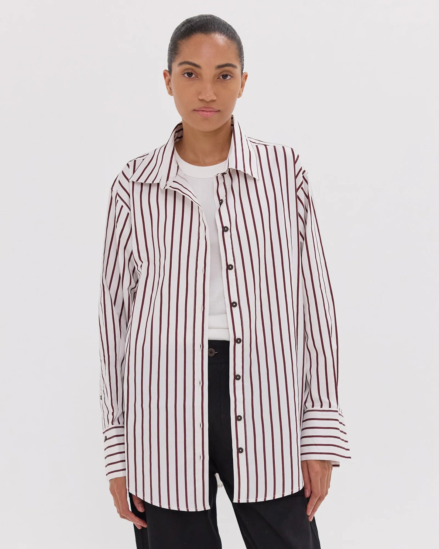 The Dropped Yoke Shirt in Mahogany & White