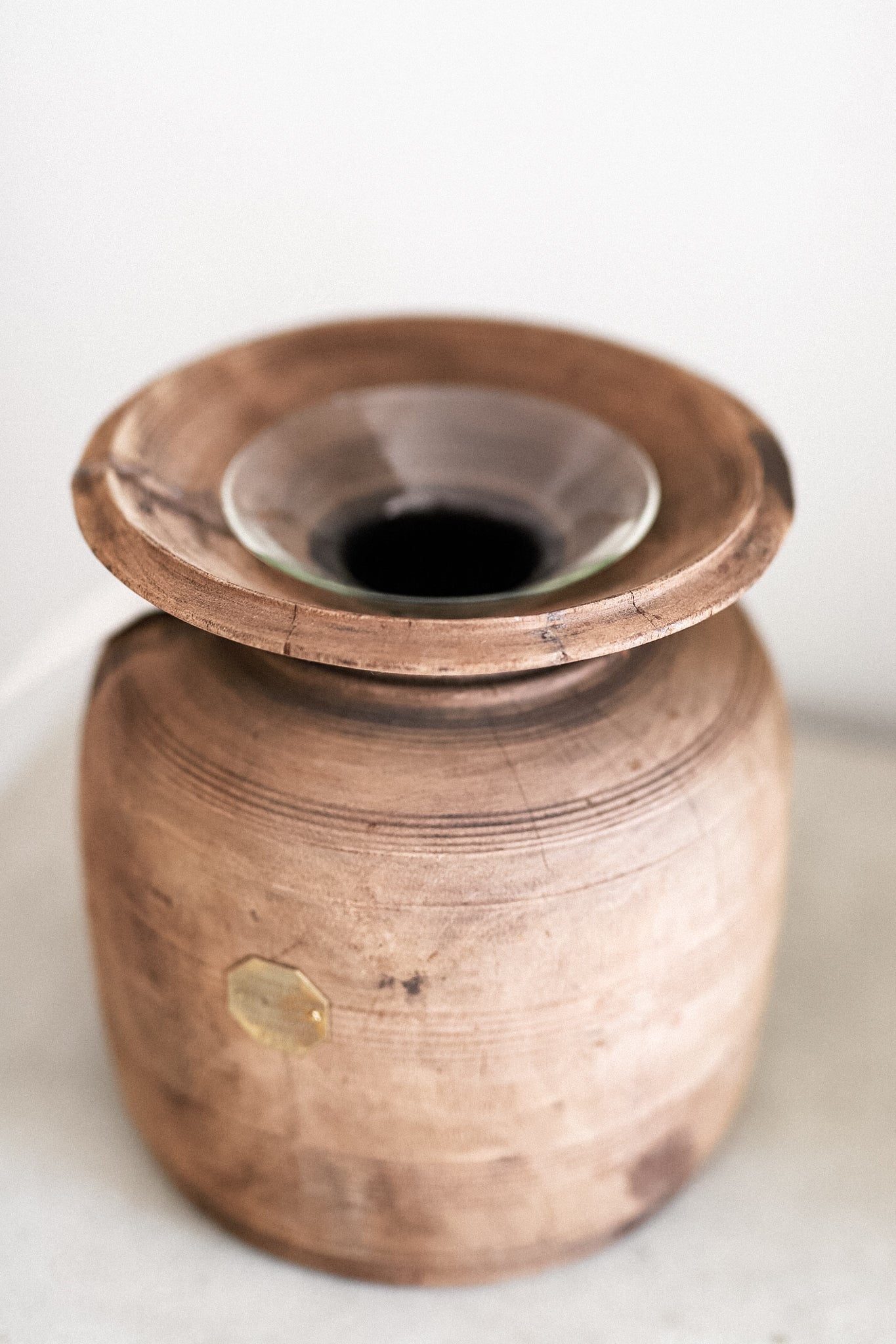 Vintage Wooden Pot w/ Glass Vase
