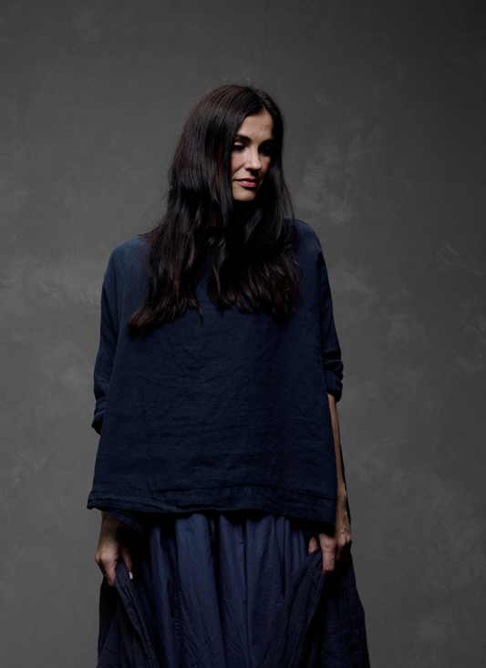 Sailor Boxy Top in Light Linen | Navy