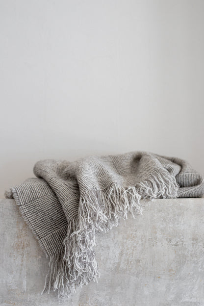 Brushed Wool Throw | Grey & Ivory Basketweave